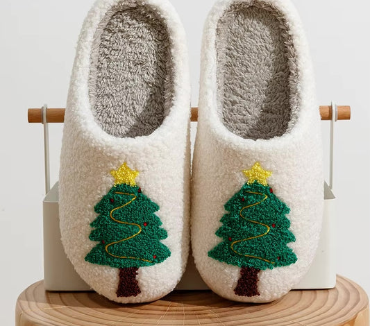 Fuzzy Christmas Tree Slippers