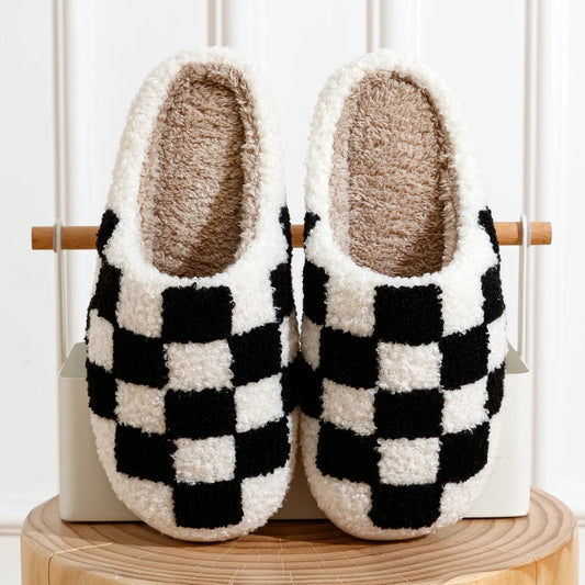 Retro Checkered Plush Slippers for Women