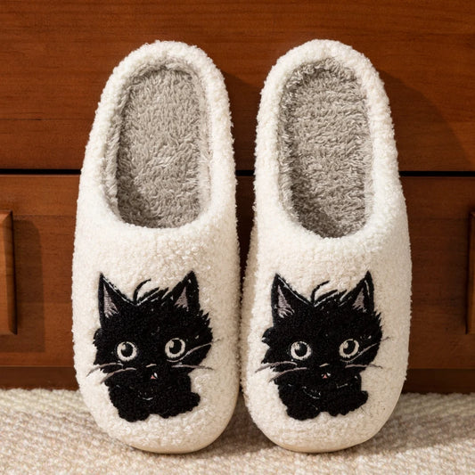 Fuzzy Black Cat Slippers